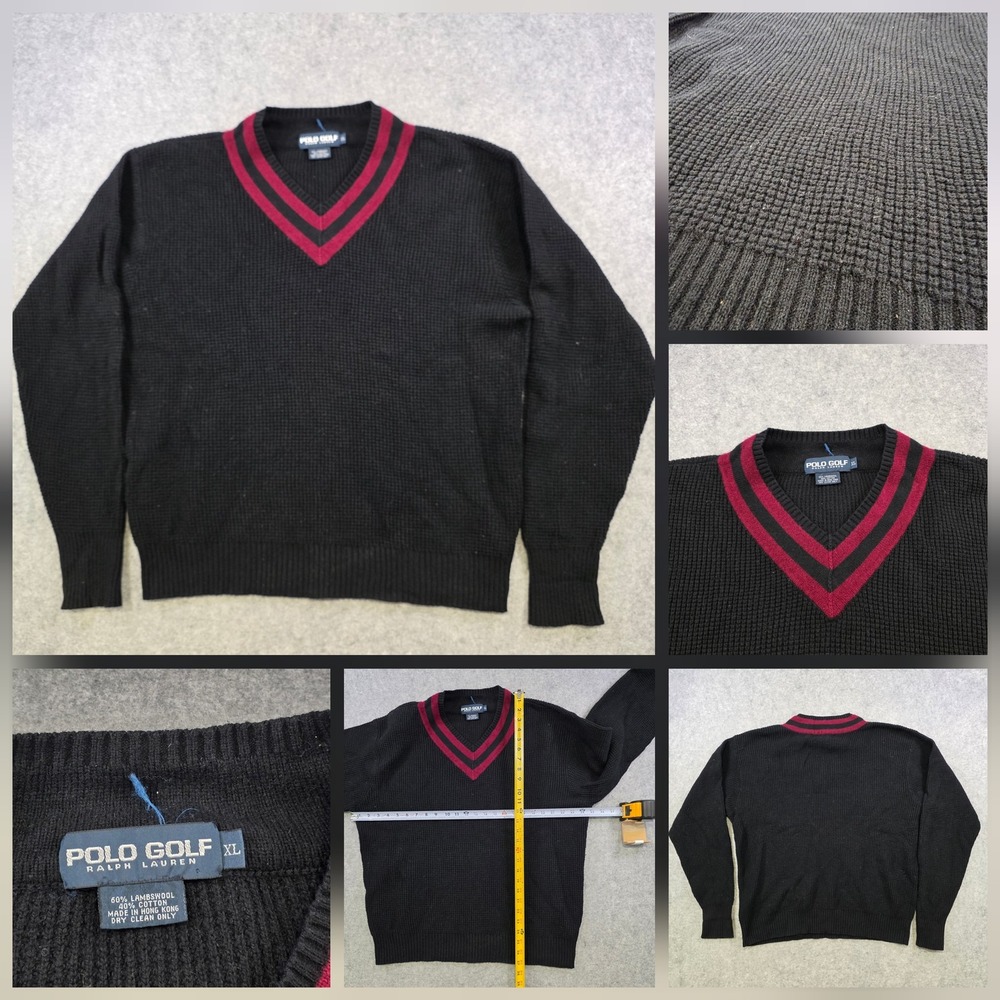 VTG 90s Polo Golf Ralph Lauren Sweater Mens XL Black V Neck Lambswool Cotton